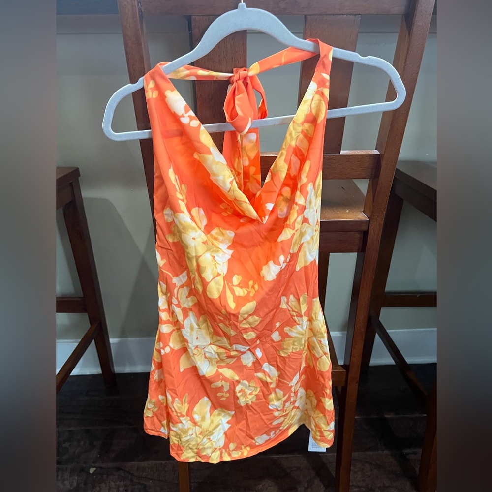 Orange and yellow floral cow neck tie able silk mini dress